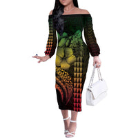 Hawaiian Sea Turtle Family Matching Off The Shoulder Long Sleeve Dress and Hawaiian Shirt Reggae Hibiscus Flowers and Kakau Pattern LT9 Mom's Dress Reggae - Polynesian Pride