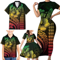 Hawaiian Sea Turtle Family Matching Short Sleeve Bodycon Dress and Hawaiian Shirt Reggae Hibiscus Flowers and Kakau Pattern LT9 - Polynesian Pride