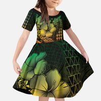 Hawaiian Sea Turtle Kid Short Sleeve Dress Reggae Hibiscus Flowers and Kakau Pattern