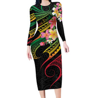 Kiribati Red Jasmine Mango Long Sleeve Bodycon Dress Reggae Polynesian Art Vibe LT9 Long Dress Reggae - Polynesian Pride