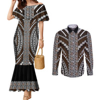 Brown Tongan Polynesian Tribal Couples Matching Mermaid Dress and Long Sleeve Button Shirt - Polynesian Pride