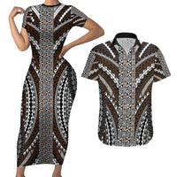 Brown Tongan Polynesian Tribal Couples Matching Short Sleeve Bodycon Dress and Hawaiian Shirt - Polynesian Pride
