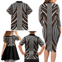 Brown Tongan Polynesian Tribal Family Matching Long Sleeve Bodycon Dress and Hawaiian Shirt LT9 - Polynesian Pride