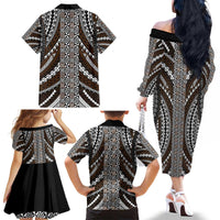 Brown Tongan Polynesian Tribal Family Matching Off The Shoulder Long Sleeve Dress and Hawaiian Shirt - Polynesian Pride