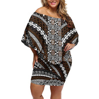 Brown Tongan Polynesian Tribal Family Matching Off Shoulder Short Dress and Hawaiian Shirt LT9 Mom's Dress Brown - Polynesian Pride