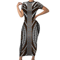 Brown Tongan Polynesian Tribal Family Matching Short Sleeve Bodycon Dress and Hawaiian Shirt LT9 Mom's Dress Brown - Polynesian Pride