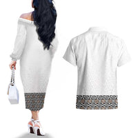 Light Gray Tongan Polynesian Tribal Couples Matching Off The Shoulder Long Sleeve Dress and Hawaiian Shirt - Polynesian Pride