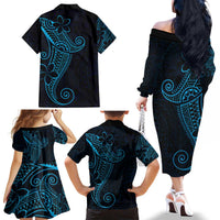 Black Blue Polynesian Tribal Family Matching Off The Shoulder Long Sleeve Dress and Hawaiian Shirt LT9 - Polynesian Pride