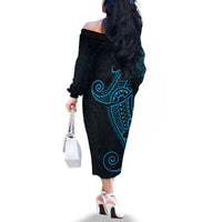 Black Blue Polynesian Tribal Family Matching Off The Shoulder Long Sleeve Dress and Hawaiian Shirt LT9 - Polynesian Pride