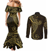 Black Gold Polynesian Tribal Couples Matching Mermaid Dress and Long Sleeve Button Shirt - Polynesian Pride