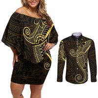 Black Gold Polynesian Tribal Couples Matching Off Shoulder Short Dress and Long Sleeve Button Shirt - Polynesian Pride