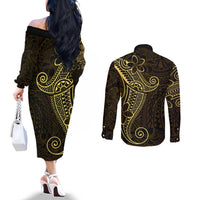 Black Gold Polynesian Tribal Couples Matching Off The Shoulder Long Sleeve Dress and Long Sleeve Button Shirt - Polynesian Pride