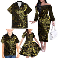 Black Gold Polynesian Tribal Family Matching Off The Shoulder Long Sleeve Dress and Hawaiian Shirt LT9 - Polynesian Pride