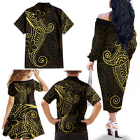 Black Gold Polynesian Tribal Family Matching Off The Shoulder Long Sleeve Dress and Hawaiian Shirt LT9 - Polynesian Pride