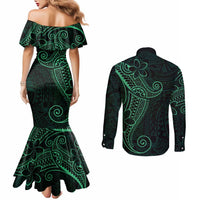 Black Green Polynesian Tribal Couples Matching Mermaid Dress and Long Sleeve Button Shirt - Polynesian Pride