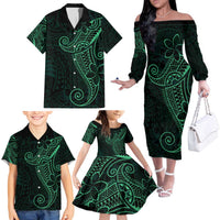 Black Green Polynesian Tribal Family Matching Off The Shoulder Long Sleeve Dress and Hawaiian Shirt LT9 - Polynesian Pride