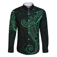 Black Green Polynesian Tribal Family Matching Off The Shoulder Long Sleeve Dress and Hawaiian Shirt LT9 Dad's Shirt - Long Sleeve Green - Polynesian Pride