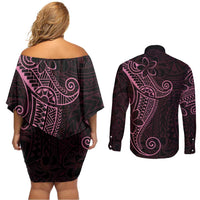 Black Pink Polynesian Tribal Couples Matching Off Shoulder Short Dress and Long Sleeve Button Shirt - Polynesian Pride