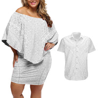 Lotu Tamaiti White Tongan Ngatu Couples Matching Off Shoulder Short Dress and Hawaiian Shirt Polynesian Tribal Fonulei Pattern LT9 White - Polynesian Pride