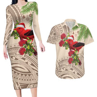Christmas Hawaii with I'iwi Bird Couples Matching Long Sleeve Bodycon Dress and Hawaiian Shirt Aloha Mele Kalikimaka - Beige Art LT9 Beige - Polynesian Pride