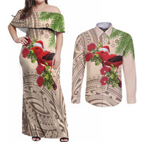 Christmas Hawaii with I'iwi Bird Couples Matching Off Shoulder Maxi Dress and Long Sleeve Button Shirt Aloha Mele Kalikimaka - Beige Art LT9 Beige - Polynesian Pride