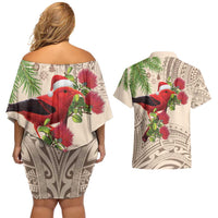 Christmas Hawaii with I'iwi Bird Couples Matching Off Shoulder Short Dress and Hawaiian Shirt Aloha Mele Kalikimaka - Beige Art LT9 - Polynesian Pride