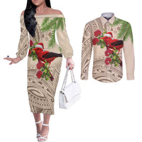 Christmas Hawaii with I'iwi Bird Couples Matching Off The Shoulder Long Sleeve Dress and Long Sleeve Button Shirt Aloha Mele Kalikimaka - Beige Art LT9 Beige - Polynesian Pride