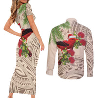 Christmas Hawaii with I'iwi Bird Couples Matching Short Sleeve Bodycon Dress and Long Sleeve Button Shirt Aloha Mele Kalikimaka - Beige Art LT9 - Polynesian Pride