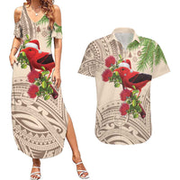 Christmas Hawaii with I'iwi Bird Couples Matching Summer Maxi Dress and Hawaiian Shirt Aloha Mele Kalikimaka - Beige Art LT9 Beige - Polynesian Pride