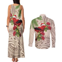 Christmas Hawaii with I'iwi Bird Couples Matching Tank Maxi Dress and Long Sleeve Button Shirt Aloha Mele Kalikimaka - Beige Art LT9 - Polynesian Pride