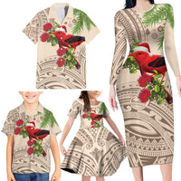 Christmas Hawaii with I'iwi Bird Family Matching Long Sleeve Bodycon Dress and Hawaiian Shirt Aloha Mele Kalikimaka - Beige Art LT9 - Polynesian Pride