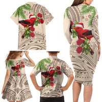 Christmas Hawaii with I'iwi Bird Family Matching Long Sleeve Bodycon Dress and Hawaiian Shirt Aloha Mele Kalikimaka - Beige Art LT9 - Polynesian Pride