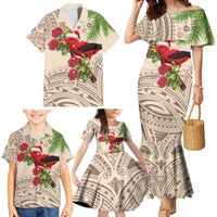 Christmas Hawaii with I'iwi Bird Family Matching Mermaid Dress and Hawaiian Shirt Aloha Mele Kalikimaka - Beige Art LT9 - Polynesian Pride