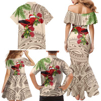 Christmas Hawaii with I'iwi Bird Family Matching Mermaid Dress and Hawaiian Shirt Aloha Mele Kalikimaka - Beige Art LT9 - Polynesian Pride