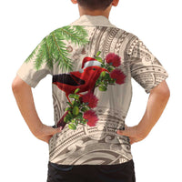 Christmas Hawaii with I'iwi Bird Family Matching Off The Shoulder Long Sleeve Dress and Hawaiian Shirt Aloha Mele Kalikimaka - Beige Art LT9 - Polynesian Pride