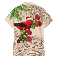 Christmas Hawaii with I'iwi Bird Family Matching Off The Shoulder Long Sleeve Dress and Hawaiian Shirt Aloha Mele Kalikimaka - Beige Art LT9 - Polynesian Pride