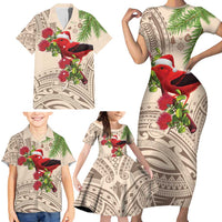 Christmas Hawaii with I'iwi Bird Family Matching Short Sleeve Bodycon Dress and Hawaiian Shirt Aloha Mele Kalikimaka - Beige Art LT9 - Polynesian Pride