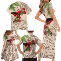 Christmas Hawaii with I'iwi Bird Family Matching Short Sleeve Bodycon Dress and Hawaiian Shirt Aloha Mele Kalikimaka - Beige Art LT9 - Polynesian Pride