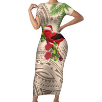 Christmas Hawaii with I'iwi Bird Family Matching Short Sleeve Bodycon Dress and Hawaiian Shirt Aloha Mele Kalikimaka - Beige Art LT9 Mom's Dress Beige - Polynesian Pride