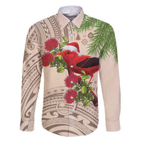 Christmas Hawaii with I'iwi Bird Family Matching Summer Maxi Dress and Hawaiian Shirt Aloha Mele Kalikimaka - Beige Art LT9 Dad's Shirt - Long Sleeve Beige - Polynesian Pride