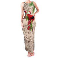 Christmas Hawaii with I'iwi Bird Family Matching Tank Maxi Dress and Hawaiian Shirt Aloha Mele Kalikimaka - Beige Art LT9 Mom's Dress Beige - Polynesian Pride