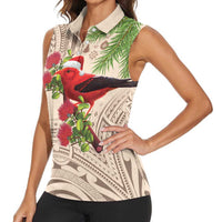 Christmas Hawaii with I'iwi Bird Women Sleeveless Polo Shirt Aloha Mele Kalikimaka - Beige Art LT9 - Polynesian Pride