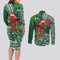 Christmas Hawaii with I'iwi Bird Couples Matching Long Sleeve Bodycon Dress and Long Sleeve Button Shirt Aloha Mele Kalikimaka - Green Art LT9 - Polynesian Pride