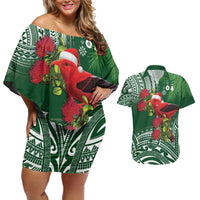 Christmas Hawaii with I'iwi Bird Couples Matching Off Shoulder Short Dress and Hawaiian Shirt Aloha Mele Kalikimaka - Green Art LT9 Green - Polynesian Pride