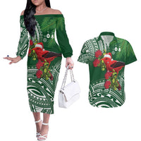 Christmas Hawaii with I'iwi Bird Couples Matching Off The Shoulder Long Sleeve Dress and Hawaiian Shirt Aloha Mele Kalikimaka - Green Art LT9 Green - Polynesian Pride