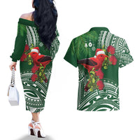 Christmas Hawaii with I'iwi Bird Couples Matching Off The Shoulder Long Sleeve Dress and Hawaiian Shirt Aloha Mele Kalikimaka - Green Art LT9 - Polynesian Pride