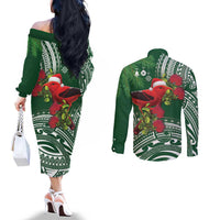 Christmas Hawaii with I'iwi Bird Couples Matching Off The Shoulder Long Sleeve Dress and Long Sleeve Button Shirt Aloha Mele Kalikimaka - Green Art LT9 - Polynesian Pride
