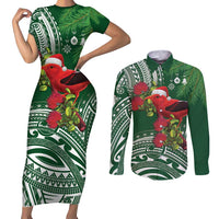 Christmas Hawaii with I'iwi Bird Couples Matching Short Sleeve Bodycon Dress and Long Sleeve Button Shirt Aloha Mele Kalikimaka - Green Art LT9 Green - Polynesian Pride