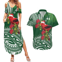 Christmas Hawaii with I'iwi Bird Couples Matching Summer Maxi Dress and Hawaiian Shirt Aloha Mele Kalikimaka - Green Art LT9 Green - Polynesian Pride
