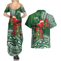Christmas Hawaii with I'iwi Bird Couples Matching Summer Maxi Dress and Hawaiian Shirt Aloha Mele Kalikimaka - Green Art LT9 - Polynesian Pride